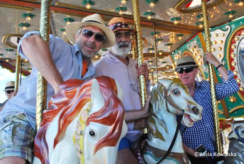 As has become traditional, the cartoonists rounded off the day with a carousel ride. Left to right: Nathan Ariss, Steve Way and Des Buckley
