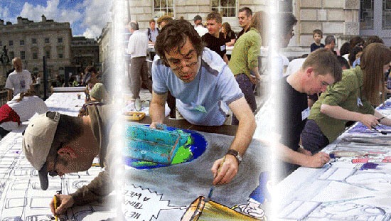 PCO members at work on Battle of the Cartoonists banners at Somerset House in 2006 ...