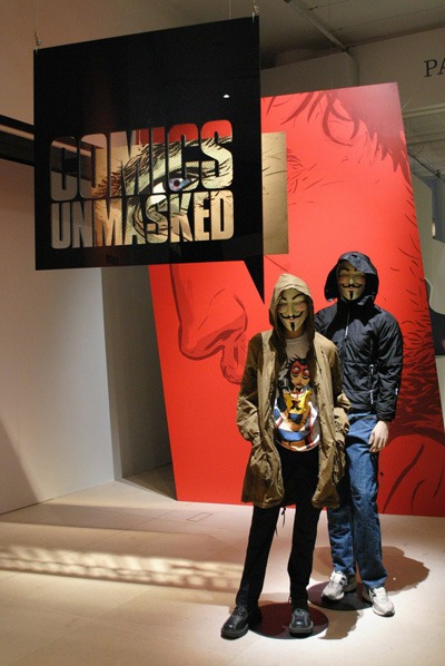 Mannequins with V For Vendetta masks, which have become a symbol of protest, at Comics Unmasked