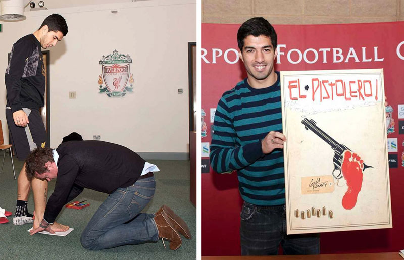 Luis Suarez puts best foot forward for Phil Disley's posters. Photos © Liverpool Echo