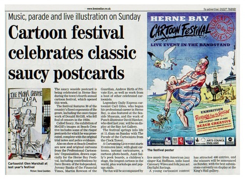 The show featured new cartoons by dozens of cartoonists on the theme of seaside postcards, as well as a small exhibition of prosecuted cards by Donald McGill, king of the saucy postcard. Article from Herne Bay Gazette, click to enlarge